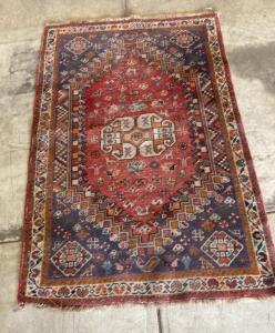Handmade Persian Hamadan Area Rug, 3'4" x 5'1", Wool, Geometric Medallion, Circa 1950s, Red/Blue