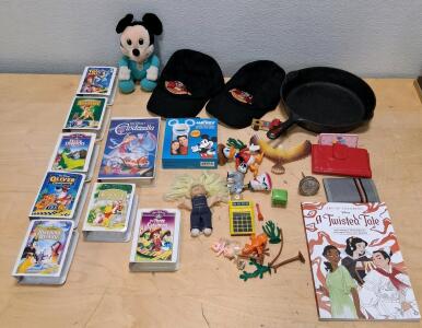 Disney Collectibles Lot - VHS, Plush, Hats, Coloring Book, Ring Light, (8) Figurines
