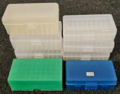 50-Round Plastic Ammunition Storage Boxes, .25 ACP/.32 ACP, Clear & Blue, Stackable Snap Latch, 5 50-Round Plastic Ammo Reloading Cartridge Boxes &ndash; Clear & Green, Snap Latch, Stackable (#12)