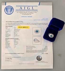 14K White Gold Ring, 6.38ct Natural Cambodia Blue Zircon, 0.45ct Diamonds, AIGL Cert, Size 7