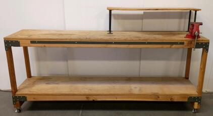 Heavy-Duty 8' Rolling Workbench With Vise, Upper Shelf, Steel Brackets, Plywood Top