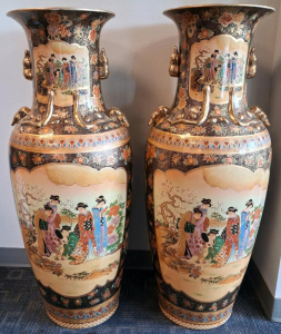 Pair of 42" Chinese Satsuma-Style Floor Vases with Moriage and Gold Handles
