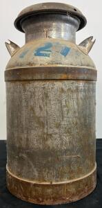 Vintage Galvanized Steel Milk Can 10 Gallon, Double Handle, Lid, Marked "V21"