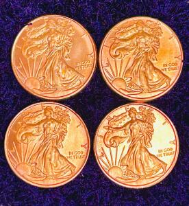 1 oz .999 Fine Copper Walking Liberty Rounds, Lot of 4, USA, Bullion Collectibles