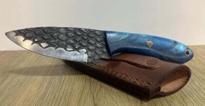 Custom Fixed Blade Knife, Blue Resin Handle, Dragon Scale Pattern, Leather Sheath, Mosaic Pin