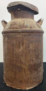 Antique 10-Gallon Steel Dairy Milk Can with Domed Lid, Dual Handles, Heavy Rust, Marked "154"