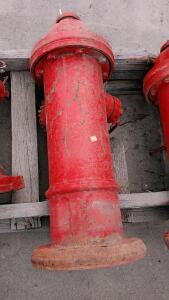 Red Dry Barrel Cast Iron Fire Hydrant, 36" Height, Dual Outlets, Flanged, Salvage Condition, inspect in person