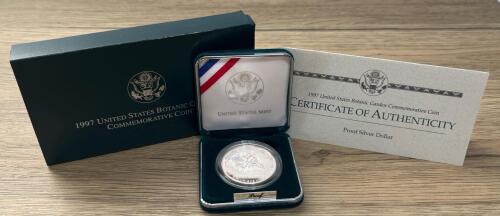 1997 U.S. Botanic Garden Proof Silver Dollar, Original Mint Box & COA, 90% Silver, $1 Coin