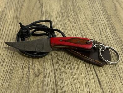 Miniature Damascus Steel Fixed-Blade Knife Keychain with Leather Sheath and Lanyard
