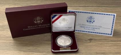 1999 Dolley Madison Proof Silver Dollar, US Mint Commemorative, Box & COA