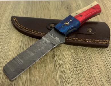 Custom Damascus Steel Fixed-Blade Knife with Texas Star Handle and Leather Sheath