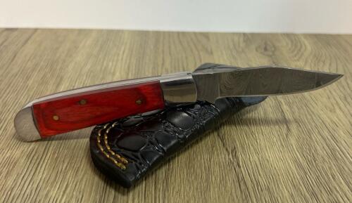 Damascus Folding Pocket Knife with 3" Blade and Red Wooden Handle
