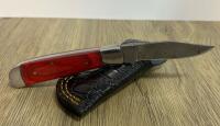 Damascus Folding Pocket Knife with 3" Blade and Red Wooden Handle