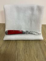 Damascus Folding Pocket Knife with 3" Blade and Red Wooden Handle - 2