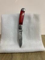 Damascus Folding Pocket Knife with 3" Blade and Red Wooden Handle - 4