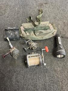 Vintage Fishing Reel Lot w/ Revelation V-70, Swift-660/F, Conventional Reel, Binoculars, Bag, Flashlight