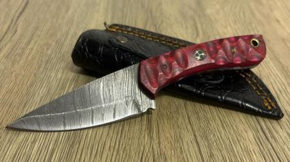 Custom Damascus Fixed Blade Knife, 4" Blade, Red Resin Handle, Full Tang, Leather Sheath