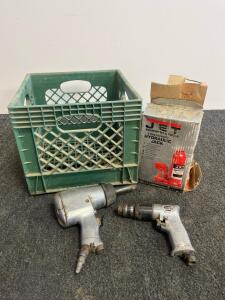 NAPA 3/8" Pneumatic Drill 776-9225, Impact Wrench, JET 5-Ton Hydraulic Jack, Wilcox Milk Crate Lot, unable to test