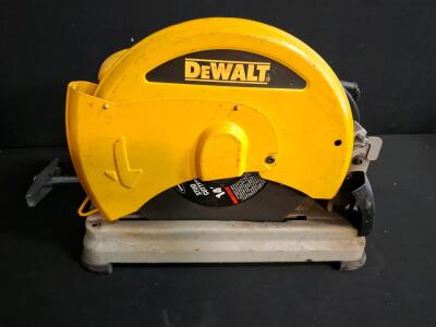 DeWalt D28715 14" Chop Saw 15A 120V, 4,000 RPM, Metal Base, Corded, Serial 475036* powered on.