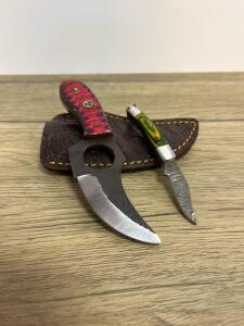 Mini Damascus-Style Keychain Folding Knife, Green/Yellow Wood Handle, 2" Blade, Drop Point, Custom Full Tang Skinner Knife, 3.75" Carbon Steel Blade, Multicolor Resin Handle, Leather Sheath