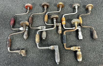 Set Of 8 Vintage Hand Brace Drills With Ratcheting Mechanisms And Hardwood Handles (Location 2)