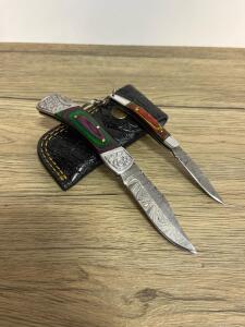 Folding Pocket Knife with Damascus-Style Blade and Decorative Handle, Keychain Attachment, Damascus Folding Pocket Knife, Dyed Wood Handle, Lockback, Engraved Bolsters, Faux Leather Sheath