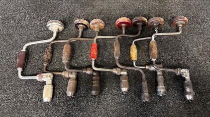 Vintage USA-Made Hand Brace Drill Lot &ndash; Wood Handles, 3-Jaw Chuck, 10" Sweep, Ratcheting (Location 3)