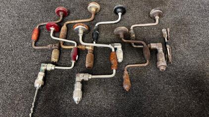 Vintage Hand Brace Drills, Mixed Makers, Wood Handles, 10" Sweep, Auger Bits Included (Location 3)