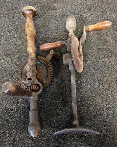 Vintage Hand-Crank Eggbeater Drills, 12" Steel & Wood, c.1920s-50s, Side Handle, Rust Patina (Location 3)