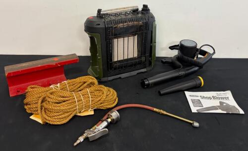 Portable Electric Shop Blower, Propane Heater, Rail Anvil, Tire Inflator, 50 ft Rope Bundle