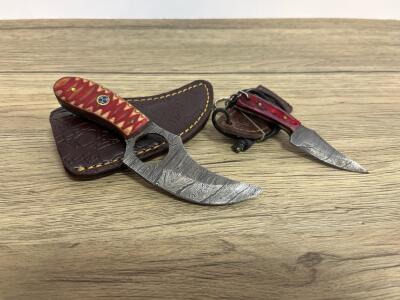 Miniature Fixed Blade Keychain Knife with Red-Dyed Wood Handle and Leather Sheath, Custom Damascus Steel Fixed-Blade Knife with Red/Yellow Handle and Leather Sheath