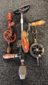 Vintage Merit & Unbranded Hand-Crank Eggbeater Drills Set, Cast Iron/Wood Handles, c. 1940&ndash;1960 (Location 3)