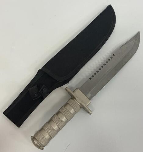 Fixed Blade Survival Knife, Stainless Sawback Blade, Aluminum Handle, Nylon Sheath, Lanyard