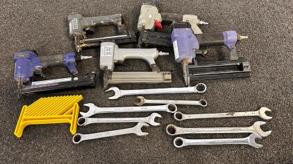 Assortment Of Pneumatic Air Staplers/Brad Nailers, Combination Wrenches, And Featherboard (Location 2)