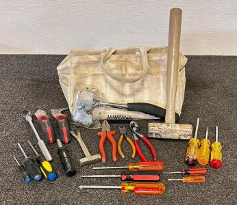 Assorted Hand Tool Set &ndash; 20+ Pc, Canvas Bag, LEHNARTZ, STANLEY, Pliers, Screwdrivers, Hatchet (Location 2)