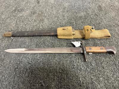 Italian Carcano 1941 Bayonet w/ R.S. Torino Mark, 1935 Scabbard, Canvas Frog, Wood Grips