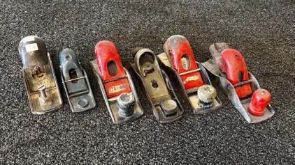 Stanley & Handyman Block Planes Set, USA Made, 4&ndash;6" Cast Iron Bodies, Red/Black Handles