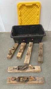 Lot of 6 Antique Wooden Hand Planes with Storage Tote, Mixed Styles Jack/Smoothing, 19th&ndash;20th C