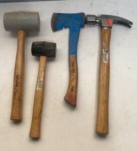 Mixed Hand Tool Set: Estwing Mallet, Pro Tools Hammer, Hatchet, Rubber Mallet, Machete