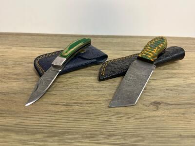 Damascus Steel Tanto Fixed-Blade Knife &ndash; Custom Green/Yellow Handle, Leather Sheath Included, Damascus Steel Fixed-Blade Knife, Green Dyed Wood Handle, 3.75" Blade, Leather Sheath