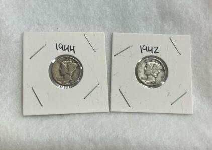 1942 and 1944 Mercury Dimes, 90% Silver, Circulated, Winged Liberty Head, U.S. 10c Coins