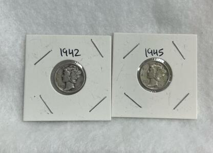 1942 & 1945 Mercury Dimes &ndash; U.S. Silver 10&cent; Coins, 90% Silver, Iconic Liberty Design