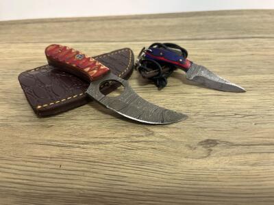 Miniature Damascus Steel Keychain Knife, Blue/Red Handle, Leather Sheath, 3.75" Overall, Custom Damascus Fixed Blade Knife, Mosaic Pin Handle, Tooled Leather Sheath, 7.5" Overall Length