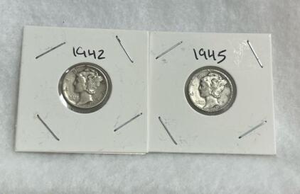 1942 and 1945 Mercury Dimes &ndash; 90% Silver U.S. Coins, Winged Liberty Head Design