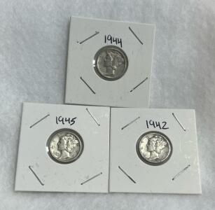 1942, 1944, 1945 Mercury Dimes &ndash; 90% Silver, Circulated Condition