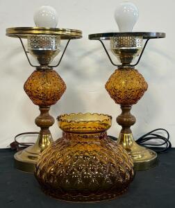 Pair of Mid-Century Amber Pressed Glass Table Lamps, Brass Base, Decorative Glass Shade