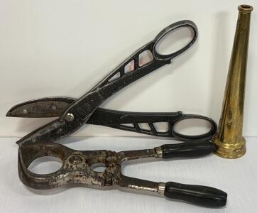 Malco Andy MC14 Metal Snips, Elkhart Brass Fire Hose Nozzle, Burdizzo Castration Tool Lot