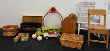 Mixed Wood & Vintage Toy Lot - Wicker Rocking Chair, Wooden Accent Chair, Magazine Rack, Serving Tray, 3 Baskets