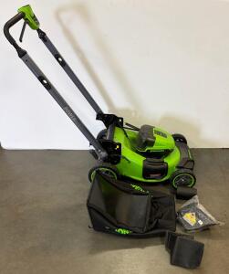 Greenworks 48V 21" Cordless Lawn Mower Kit, 2x 4.0Ah Batteries, Charger, Bag, Trimmer, Blower