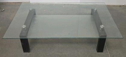 Modern Glass Coffee Table with Black Wood Legs, Rectangular Top, Metal Hardware
